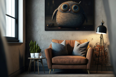 a brown armchair in a loft style living room with a blank concrete wall backgroundの素材