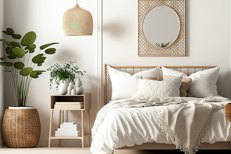 A close up of a modern Scandinavian timber bedroom with rattan furniture, a double bed with a duvet and pillows, a mirror, and other decors is shown in the frame mockup and total white project draft.の素材