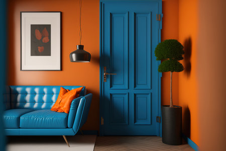 A contemporary living area with a blue leather sofa, a wooden door and cabinet, and an orange wallの素材