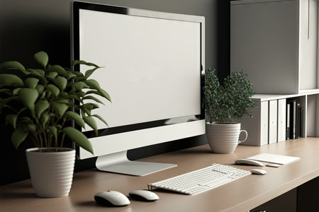 A close up of a blank computer screen in a contemporary office Concept for an online commercial in a mockupの素材