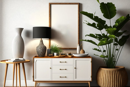 A chic living room interior design idea includes a mock up poster frame, a wooden console, a dried leaf in a vase, rattan baskets, a plant, a carpet, and other personal items. Templateの素材