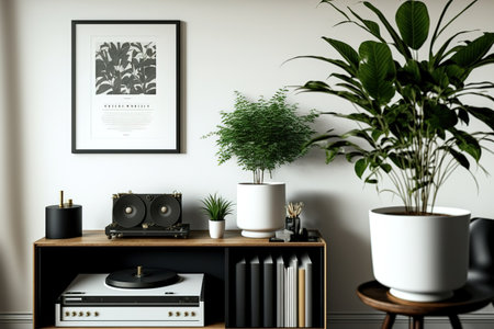 A chic living room interior composition featuring a black commode, plants, a book, a record player, decorations, and classy personal items. Copy space modern interior designの素材