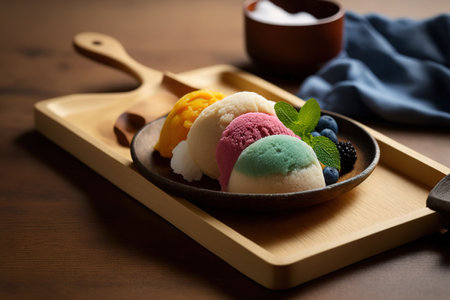 A close up photo with selective focus of the vibrant mochi dessert served with ice cream on a wooden dishの素材