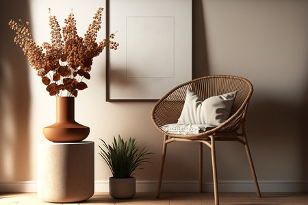 A contemporary living room interior composition featuring a brown mock up poster frame, a chair, a retro style toilet, and an etno basket with flowers. Template. fashionable home staging. Japandiの素材