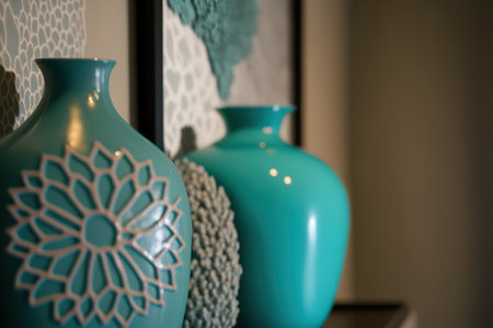 A close up of a contemporary living room wall. Beautiful vases were throughout the spaceの素材