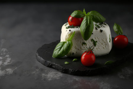 A close up of a little piece of herb marinated mozzarella cheese. On a background of black concrete are mozzarella balls with fresh basil and cherry tomatoes. low keyの素材