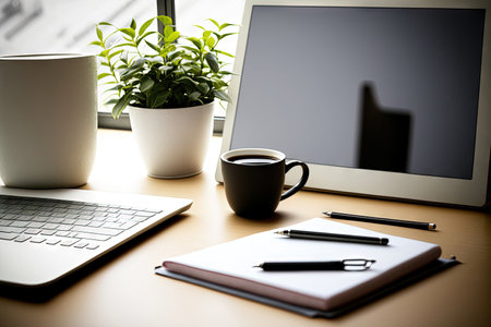 A close up of a modern office space with a tablet with a blank screen, office supplies, and a coffee cupの素材
