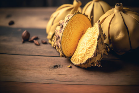 A close up of fresh exotic jackfruit bulbs on a wooden tableの素材