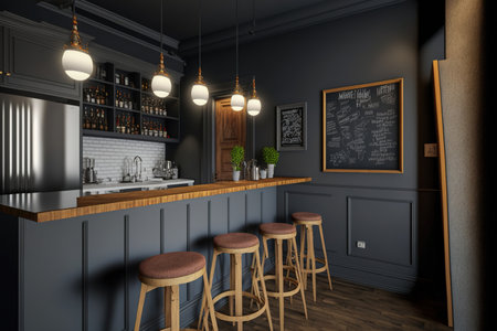 A cozy bar area with stools is located in a modern industrial style kitchen corner with dark grey walls, a hardwood floor, and grey counters with built in sinksの素材