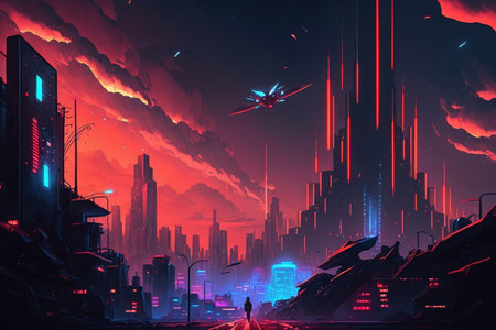 A cyberpunk city at night. futuristic buildings against a cloudy night sky with bright red and blue lights. wallpaper in the cyberpunk fashion. Future looking city illustrationの素材