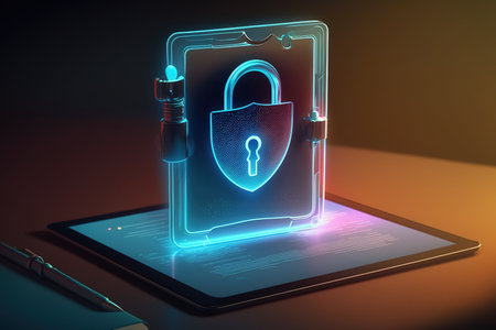 a close up of a tablet with a hazy background and an abstract luminous padlock hologram. Concept for web security and protection. two exposuresの素材