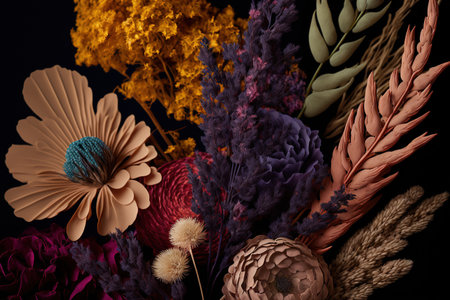 A close up of a vibrant arrangement of dried flowersの素材