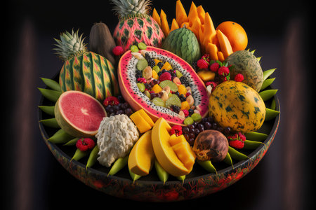 A dish of vibrant tropical fruits, including papaya, watermelon, dragon fruit, and pineappleの素材