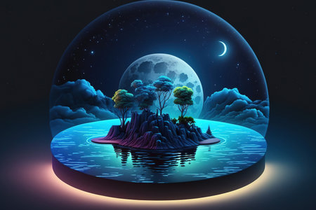 A futuristic night scene with an island, an abstract landscape, and shining moonlight. Dark natural setting with neon blue light reflecting in the water. Circular, dark neon backgroundの素材