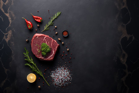 a dark background of slate, stone, or concrete with a raw beef steak spiced. copy space in the top viewの素材