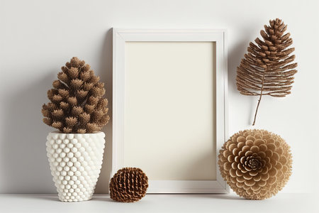 A fir cone, two wooden frames, and a white insert are included. layout for a Christmas background. a picture frame against a white wallの素材