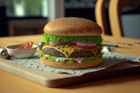 a close up of a burger prepared at homeの素材
