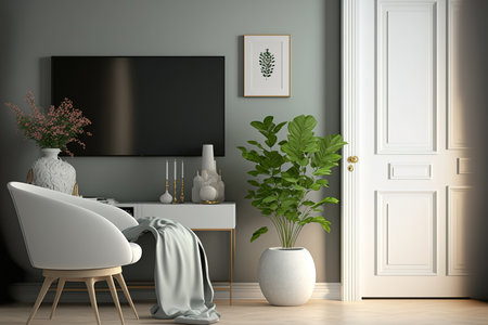 A contemporary Scandinavian living room with a TV, a cabinet in the toilet, a leaf in a vase, a plush pillow, and exquisite accents. Template. Elegant interior designの素材