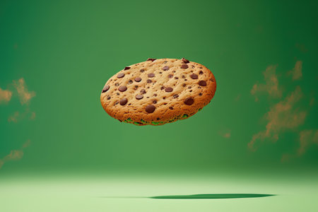 A floating chocolate chip cookie over a green background. aesthetic idea for sweet food. soaring chocolate cookiesの素材