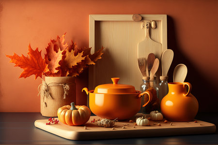 A design background of an empty kitchen counter with an orange basket, a pumpkin, a chopping board, and a maple leaf in an autumnal culinary scene is used for product presentations or branding. comforの素材