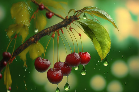 A limb of a cherry tree is dangling with ripe cherries. Fruits and a cherry orchard with water droplets after a rainの素材