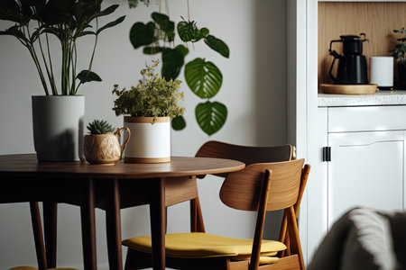 a close up of a kettle and wooden chairs at a dining table in a light room with plants and armchairsの素材
