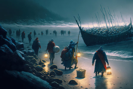 A group of fisherman enter the ocean along the shore to gather clams and musselsの素材