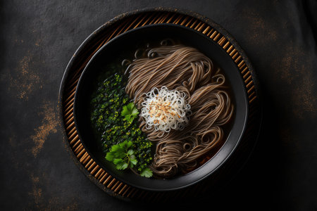 a dark background with zaru soba. Noodle soup served with soba noodles. A traditional Japanese dish is zaru sobaの素材