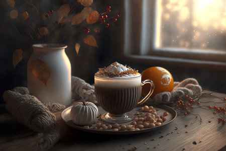 a coffee in a warm setting with seasonal decorationsの素材