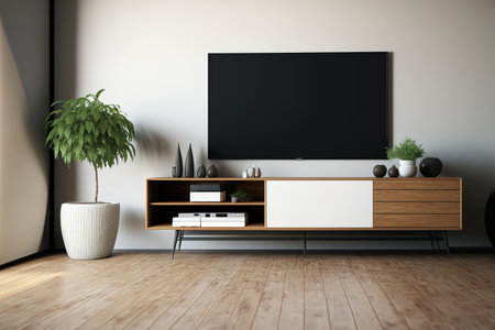 a contemporary living room with a television cabinet against a cream colored wall,の素材