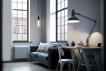 A lamp is on a table next to a gray sofa in a white loft with a chair and a work area. real pictureの素材