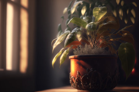 A houseplant in close up against a hazy backgroundの素材