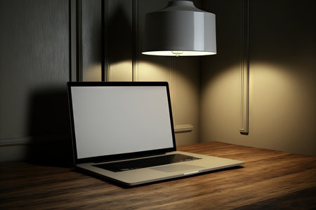 A laptop computer sitting on top of a wooden floor with a table lamp at the side in a perspective view. 3d illustrationの素材