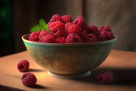 a close up of ripe, juicy raspberries in a bowl on a tableの素材