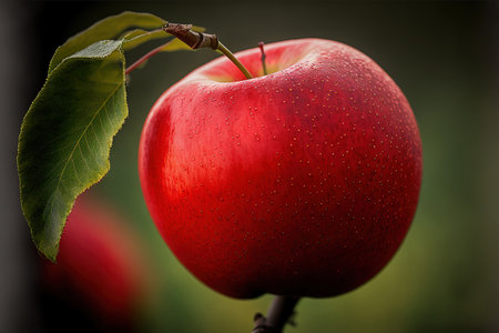 a close up of a red apple carrying limb from an apple tree. superior photographの素材