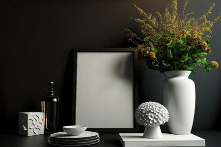 a close up picture A black wall with a mockup frame sits behind a white tabletop with ample area for product display and home accessory decorの素材
