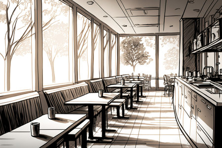 a comfortable cafe environment with couches and tables for a quick meal, an angle view, a panorama, and copy spaceの素材