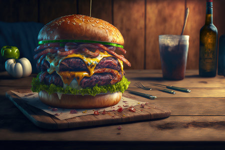 a delicious bacon cheeseburger on a wooden tableの素材