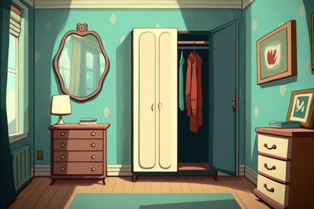 a large, spacious, bright room with a wardrobe and a mirrorの素材