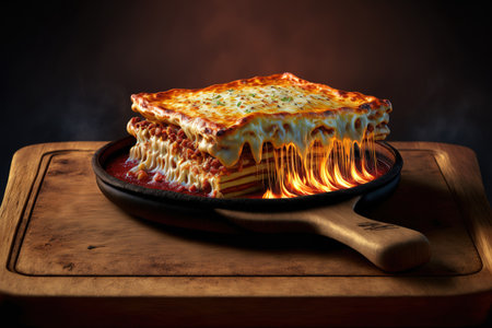 A delicious hot piece of lasagna. On a cast iron pan, traditional lasagna from Italy. Standing on a wooden board is hot with a crust. Using a fork, eatの素材