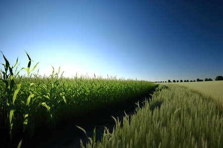 a cornfield with a clear sky Broad shotの素材