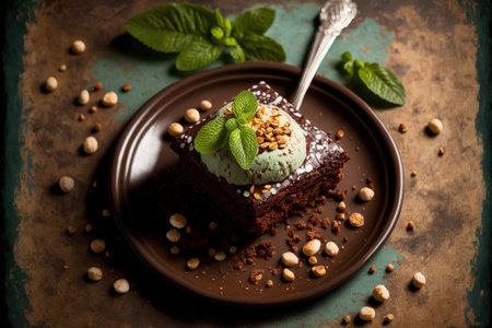 A dish of chocolate brownies topped with hazelnuts, mint, and a spoon is surrounded by blurry flora and blank text space. vertical positioningの素材