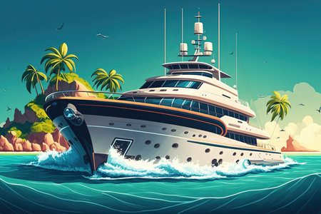a large, luxurious private motor yacht sailing with a bow wave in a tropical seaの素材