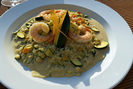 a dish of risotto with shrimp and zucchiniの素材