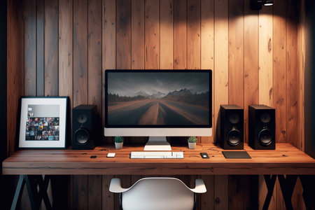 a comfortable desk with a PC close to a wooden wall in a trendy space. house office layoutの素材