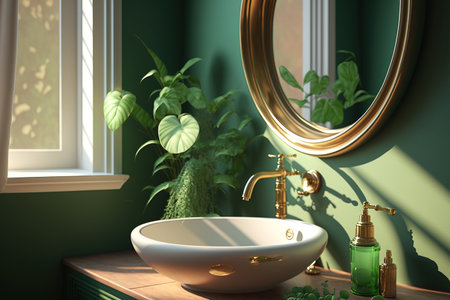 A gorgeous bathroom with a sage green wall with a realistic shining, spotless white ceramic wash basin with a contemporary brass faucet and circular mirror with morning sunshine and greenery leaves shの素材