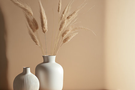 a gray ceramic vase filled with dried pampas grass on a beige background. still life in the minimalist style. aspects of interior designの素材