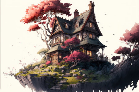 a home with a hand painted crimson roof. a watercolor and black ink drawingの素材