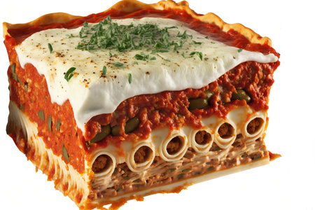 a close up of a lasagna sliceの素材