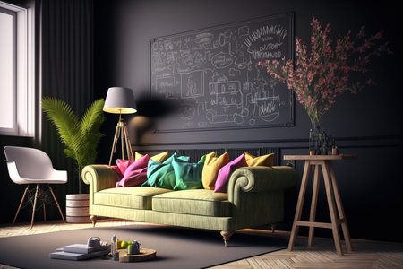 a large living area with a double sofa, a crystal chair, a blackboard, and fashionable accentsの素材